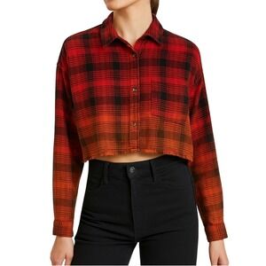 Indigo Rising Red Orange Ombré Plaid Crop Flannel Shirt Frayed Hem Long Sleeve L